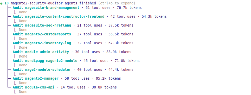 Terminal showing 10 parallel security auditor agents analyzing ecommerce extensions