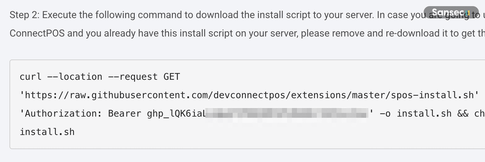 Screenshot of ConnectPOS installation documentation showing the exposed GitHub token in a curl command