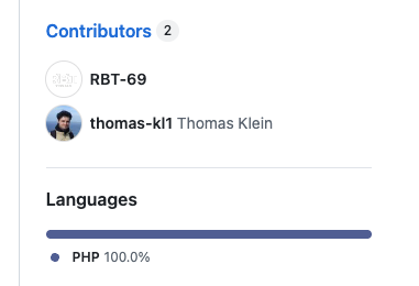 GitHub contributors section showing malicious RBT-69 account alongside legitimate Magento developer Thomas Klein
