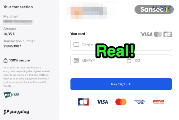 Real PayPlug payment form on the retailer checkout page showing Visa, Mastercard, and Carte Bancaire payment options