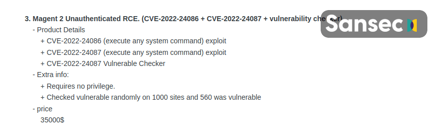 Exploit for TrojanOrder / CVE-2022-24086 for sale 2-3