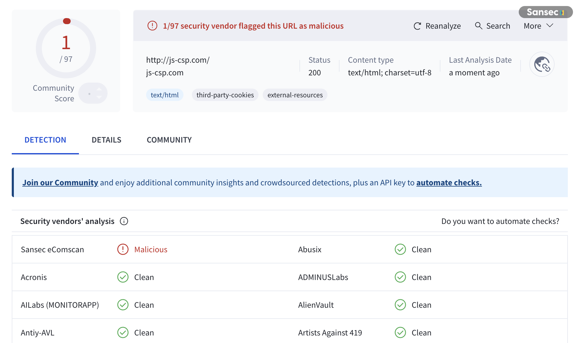 VirusTotal scan showing only Sansec eComscan detecting js-csp.com as malicious while 96 other security vendors report clean